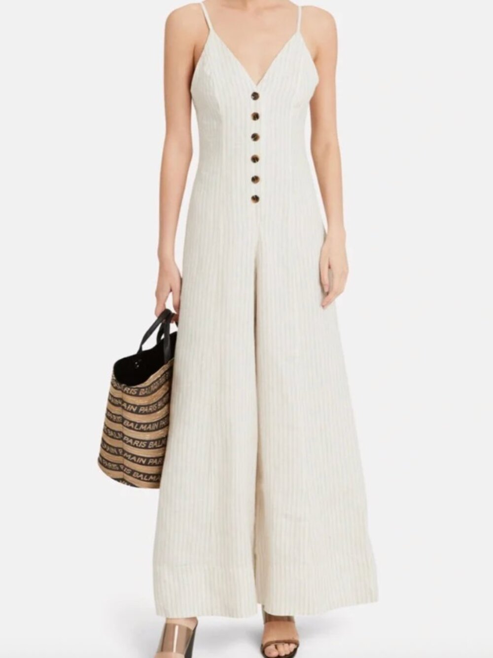 Shona Joy Cream Striped Button-Front Wide-Leg Jumpsuit